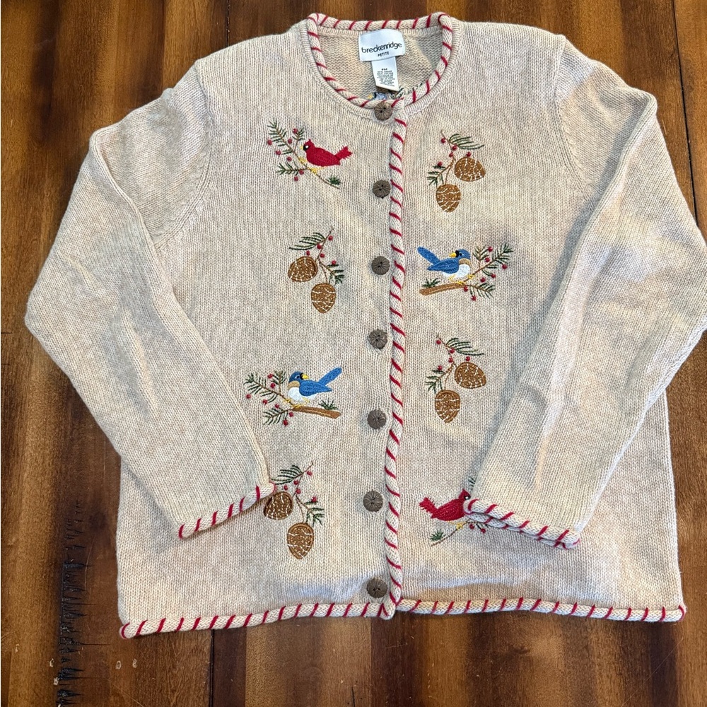 Vintage BRECKENRIDGE Women Petite M Embroidered Bird Christmas Grandma Cardigan